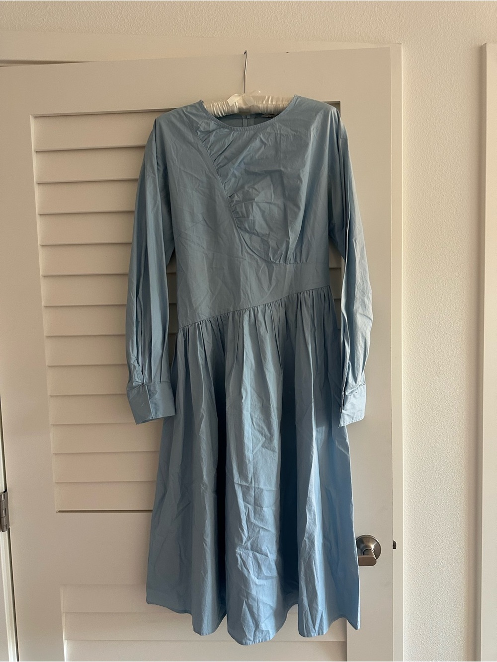 Light Blue Long Sleeve Midi Dress with Gathered Skirt